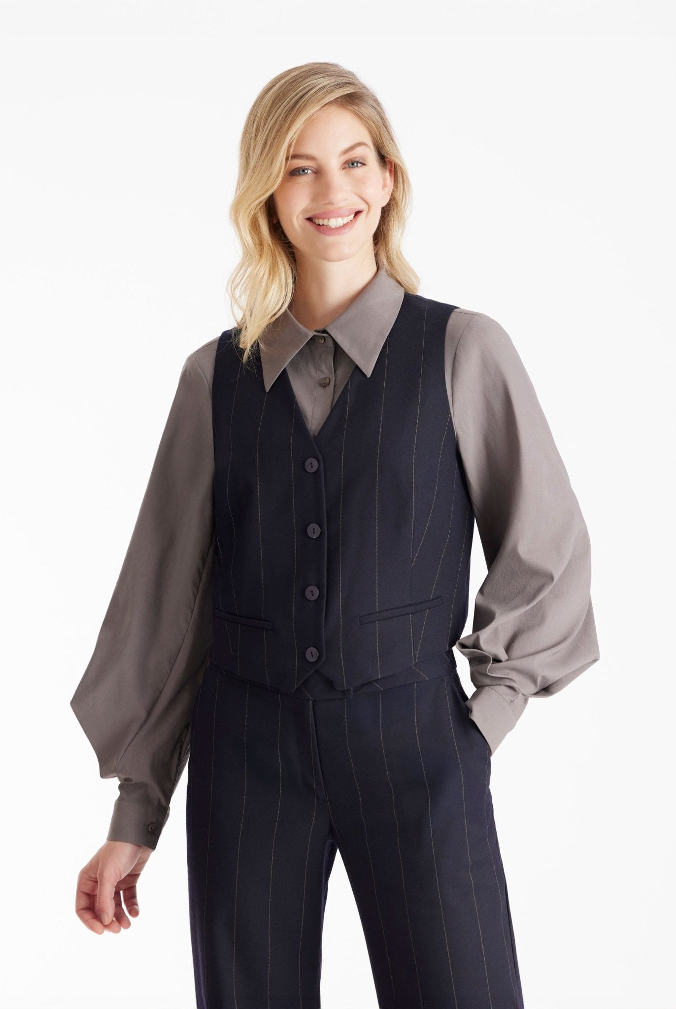 Anzugweste TESCAWE mit V-Ausschnitt, Knöpfen und Nadelstreifen in Dunkelblau