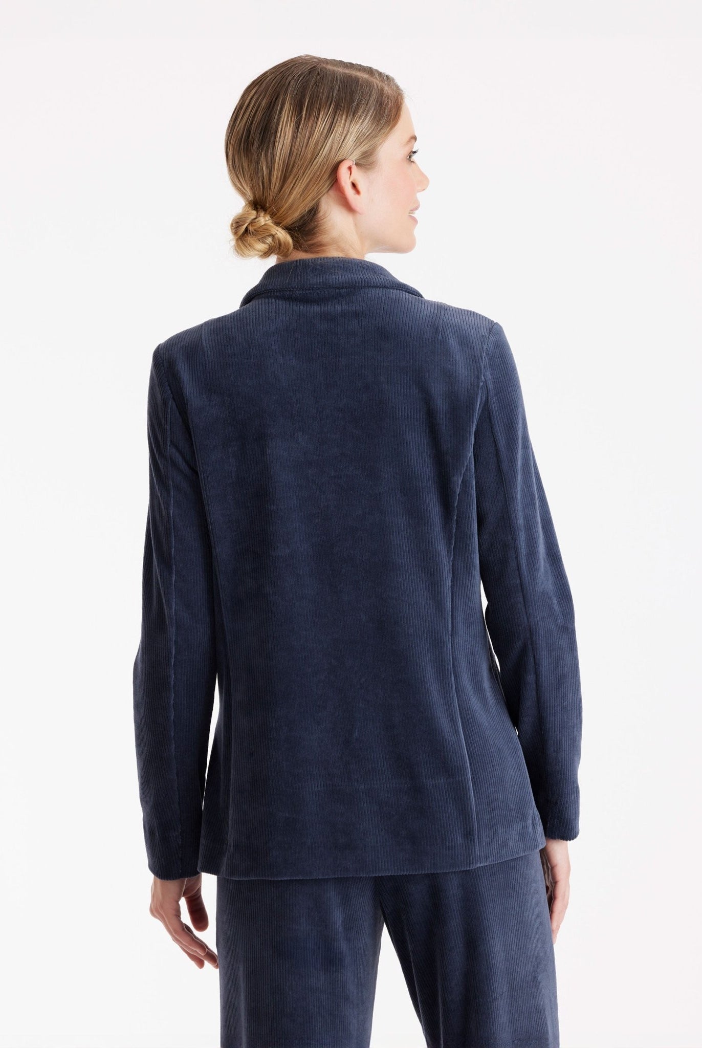 Langer Blazer WACORBLA aus Cord mit Kragen, Knopfleiste und aufgesetzten Taschen in Blau