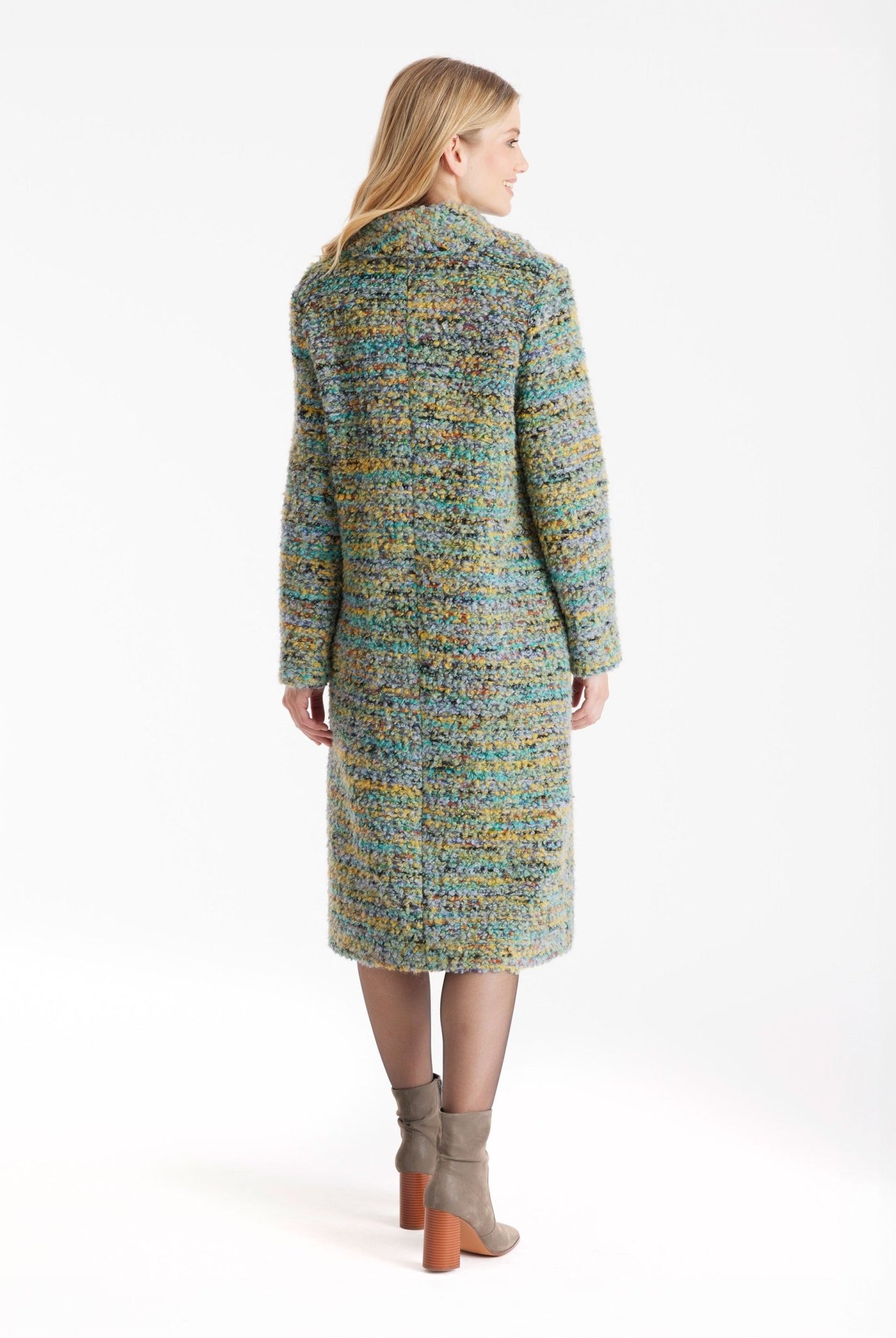 Langer Mantel MISSELINA mit Kragen und Knopfleiste aus Multicolor-Bouclé in Türkis und Gelb