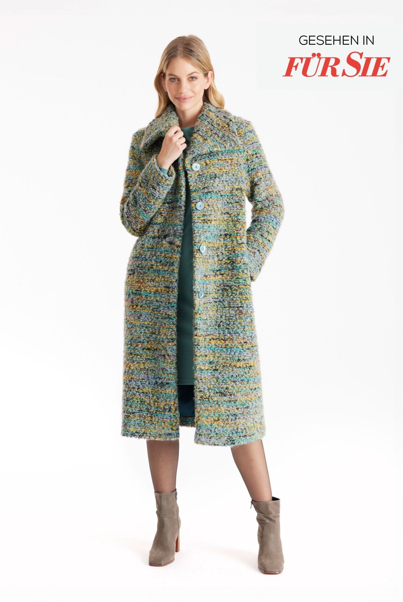 Langer Mantel MISSELINA mit Kragen und Knopfleiste aus Multicolor-Bouclé in Türkis und Gelb