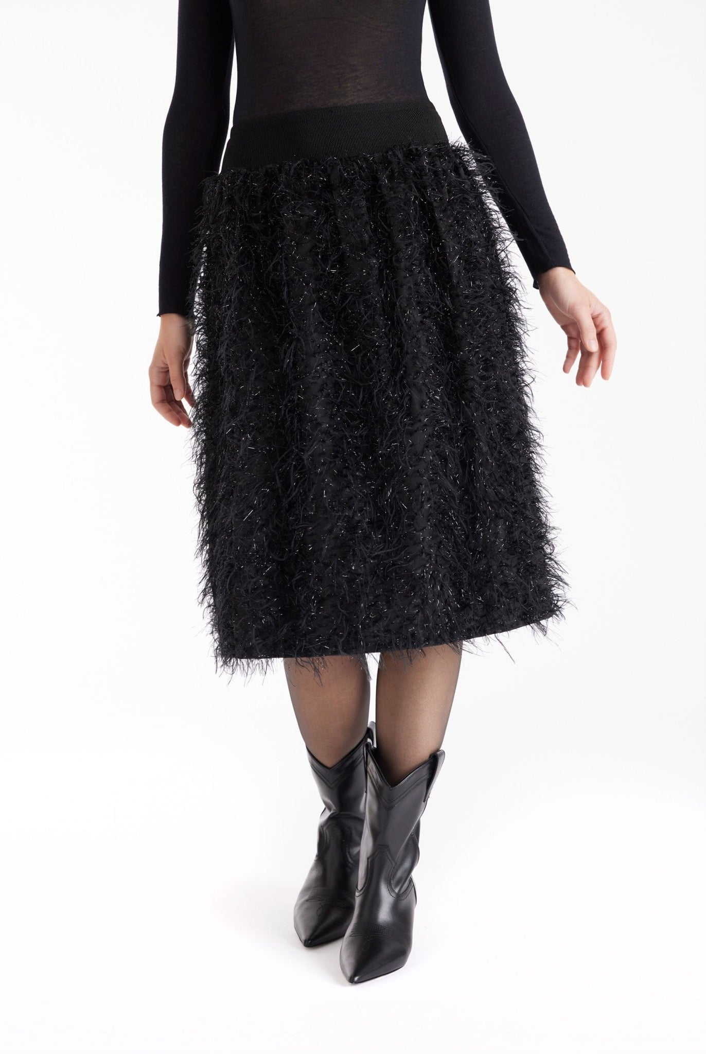 Rock LAFEDRO in Midi-Länge mit Fransen-Optik in Schwarz