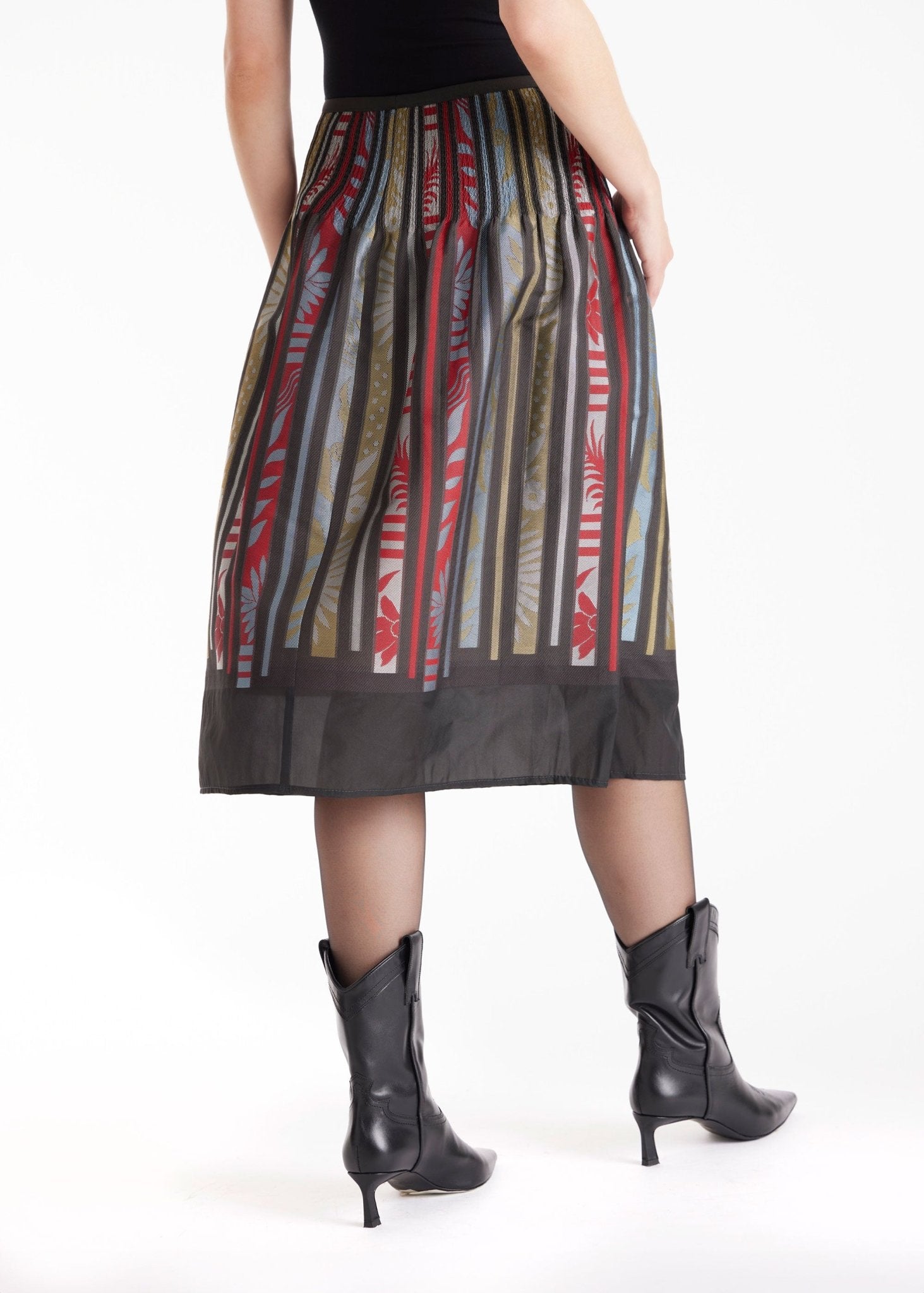 Rock LAFOLKORO in Midi-Länge mit Falten und floralem Streifenmuster in Rot und Schwarz