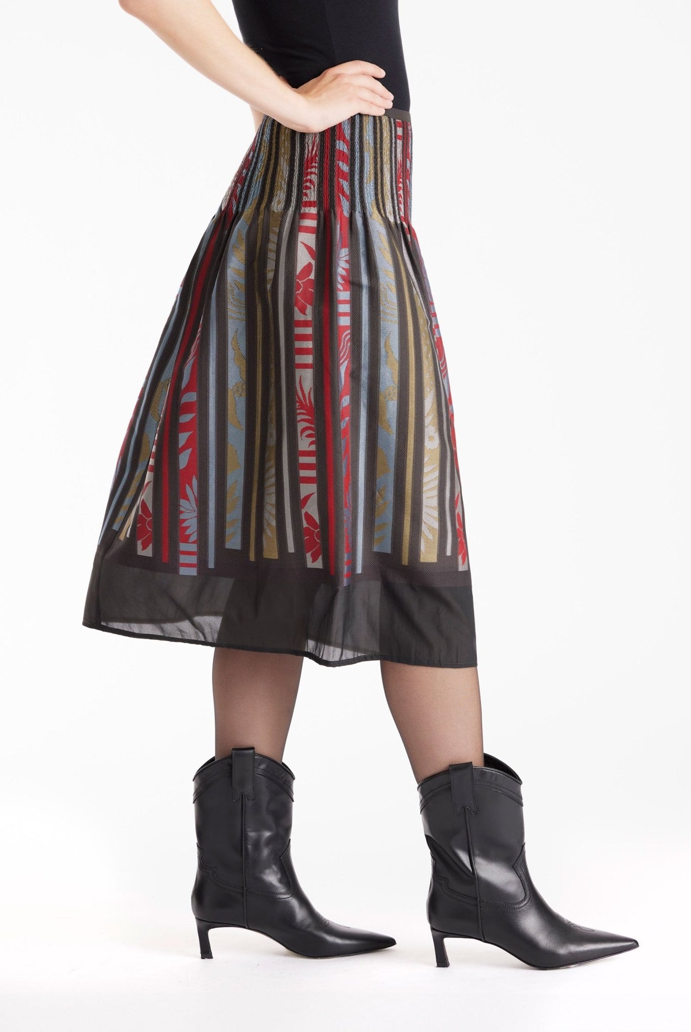 Rock LAFOLKORO in Midi-Länge mit Falten und floralem Streifenmuster in Rot und Schwarz