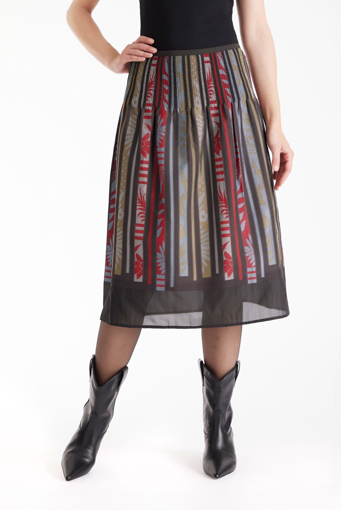 Rock LAFOLKORO in Midi-Länge mit Falten und floralem Streifenmuster in Rot und Schwarz