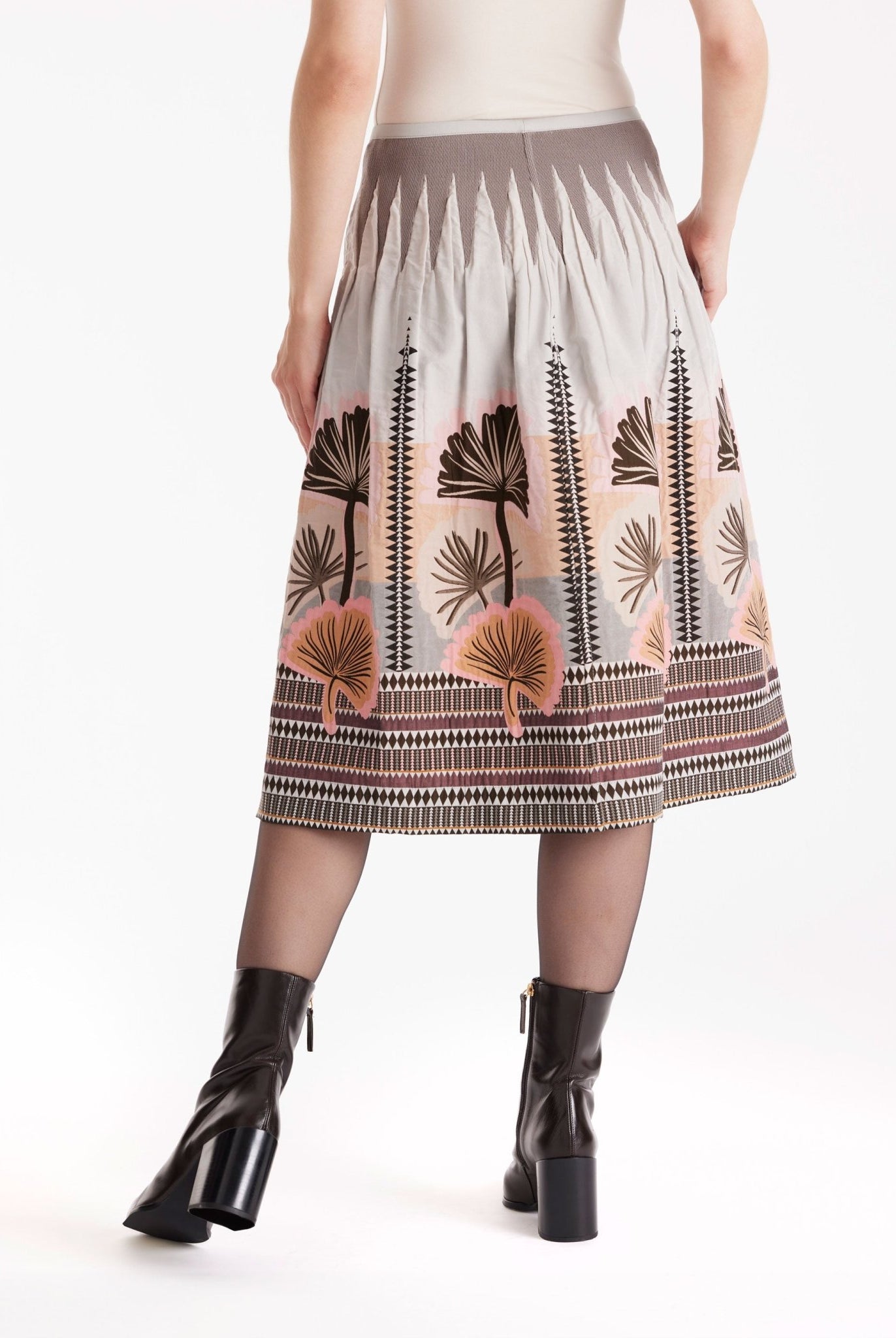 Ausgestellter Rock LONGERO-W in Midi-Länge mit Gummibund und floralem Muster in Beigetönen