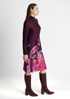 Midi-Kleid YIQUINA in A-Linie mit Stehkragen, Reißverschluss hinten, langen Ärmeln und Muster in Lila