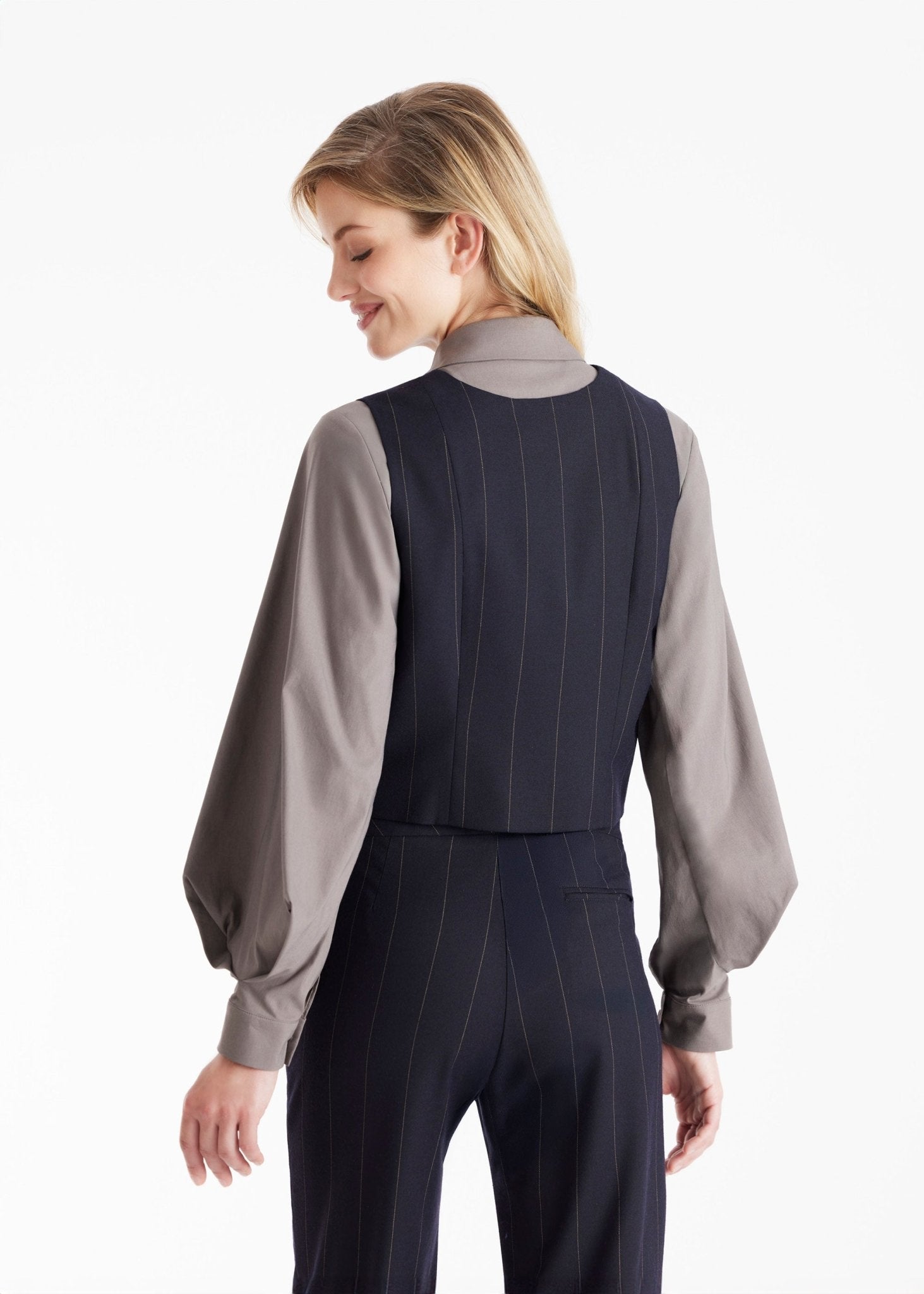 Anzugweste TESCAWE mit V-Ausschnitt, Knöpfen und Nadelstreifen in Dunkelblau