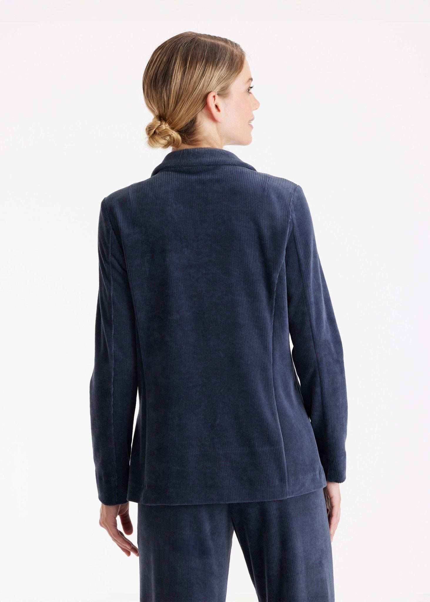 Langer Blazer WACORBLA aus Cord mit Kragen, Knopfleiste und aufgesetzten Taschen in Blau