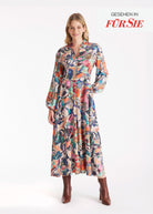 Langes Kleid DYOTI mit langen, weiten Armen, V-Ausschnitt und mehrfarbigem Muster