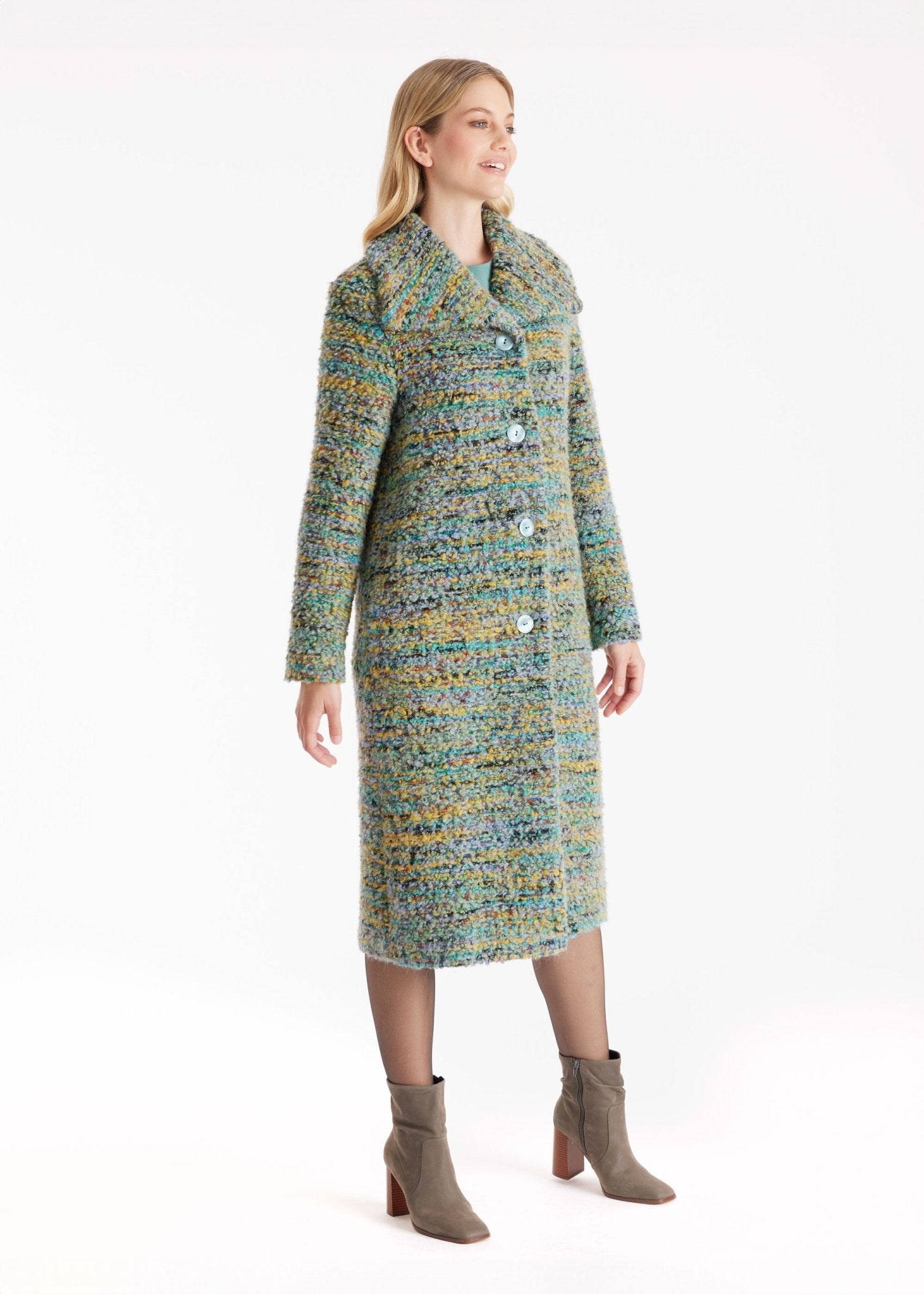 Langer Mantel MISSELINA mit Kragen und Knopfleiste aus Multicolor-Bouclé in Türkis und Gelb