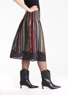 Rock LAFOLKORO in Midi-Länge mit Falten und floralem Streifenmuster in Rot und Schwarz