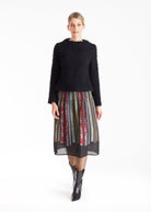 Rock LAFOLKORO in Midi-Länge mit Falten und floralem Streifenmuster in Rot und Schwarz