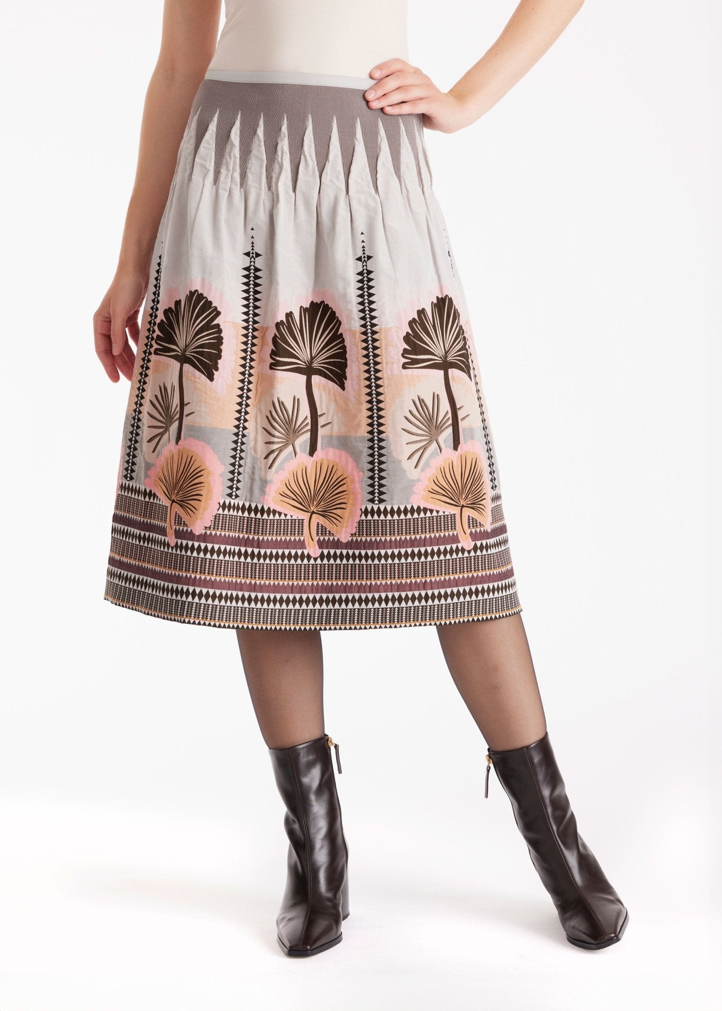 Ausgestellter Rock LONGERO-W in Midi-Länge mit Gummibund und floralem Muster in Beigetönen