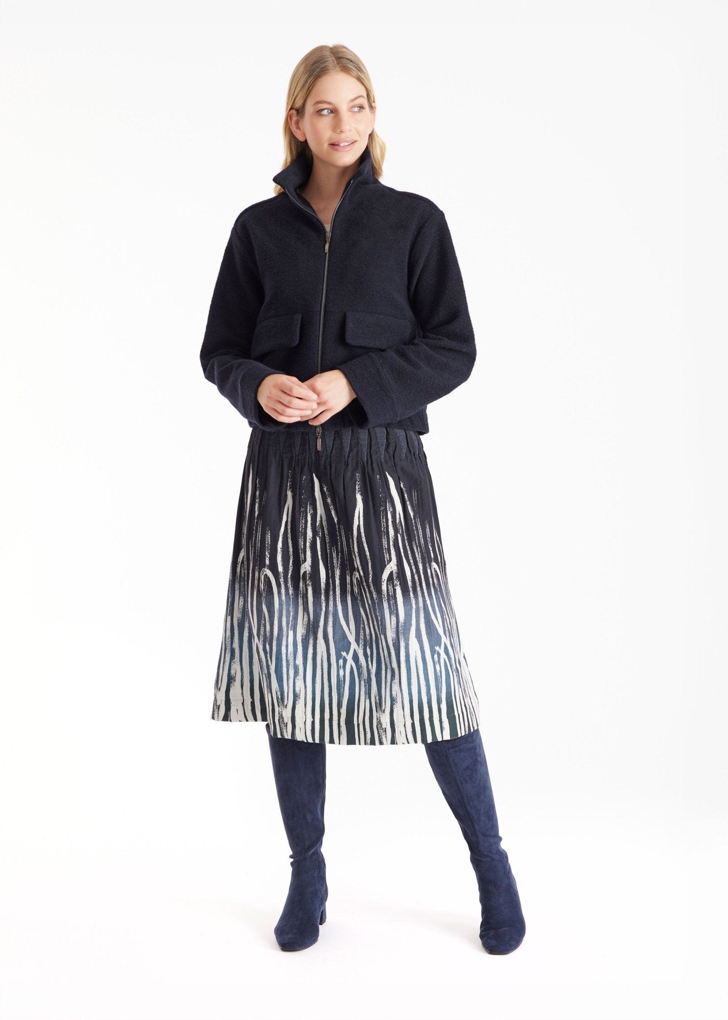 Ausgestellter Rock LONGERO-W in Midi-Länge mit Gummibund und Wellenmuster in Blau und Weiß