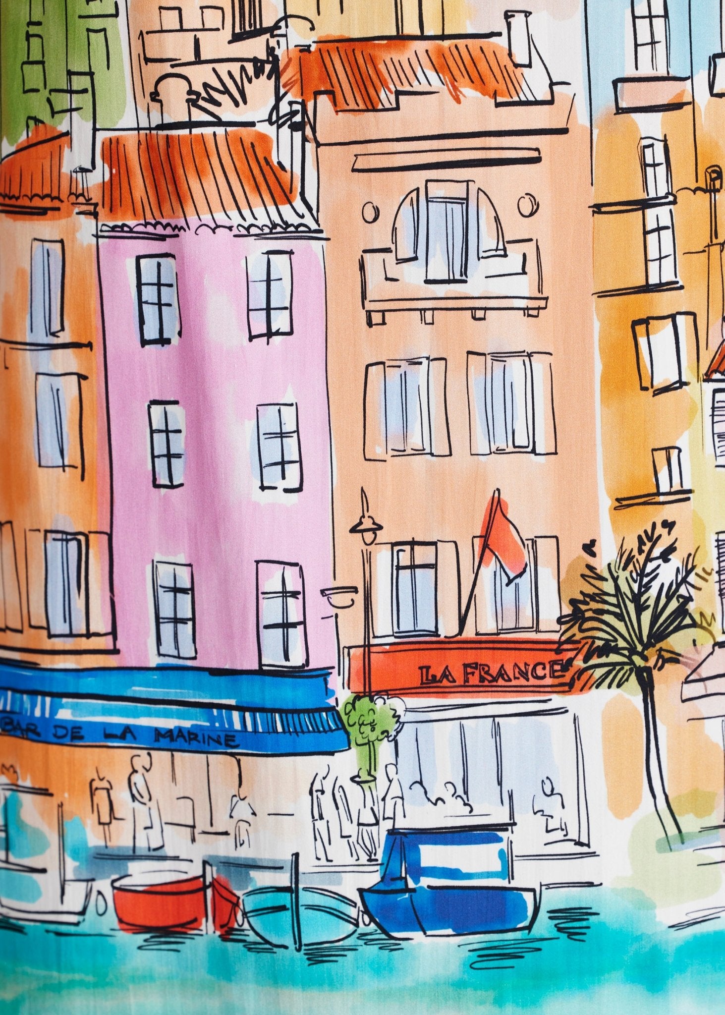 Weiter, ausgestellter Rock FIPERO mit Falten und mehrfarbigem Häuser-Print